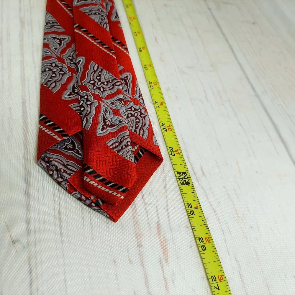 Haband Como‎ Italy Necktie Woven Red Grey Pattern Silk Polyester Men's